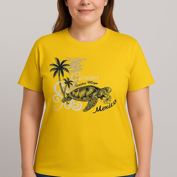 Yazbek Tops - Yazbek Ella Graphic Tee Cancun Mexico Gold XL Short Sleeve Top